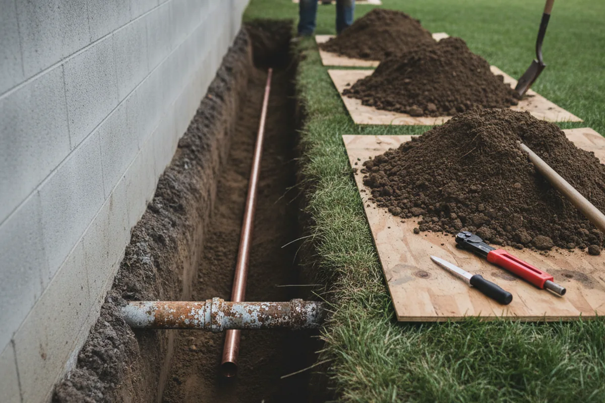 Excavated water line trench during Sewer Line Repair in Mountain Lakes
